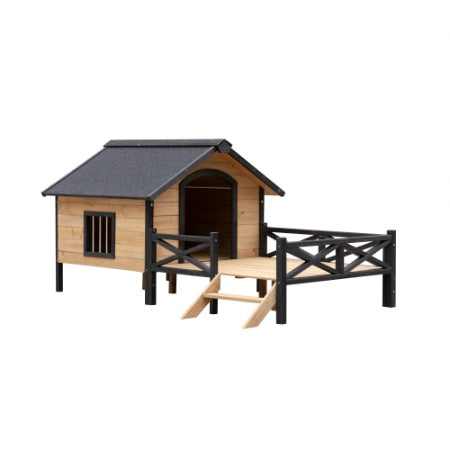 Caseta de madera grande para perro estilo cabaña de exterior con porche