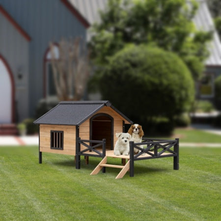 Caseta de madera grande para perro estilo cabaña de exterior con porche