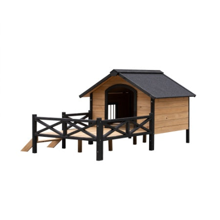 Caseta de madera grande para perro estilo cabaña de exterior con porche