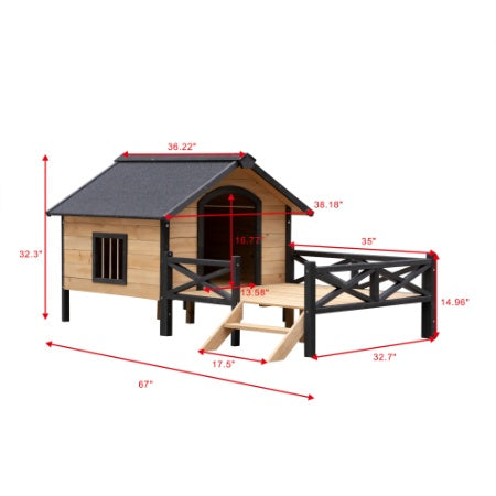 Caseta de madera grande para perro estilo cabaña de exterior con porche