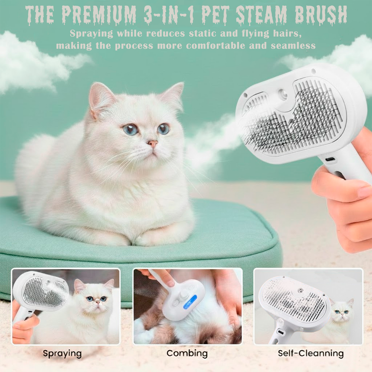 Cepillo de vapor 3 en 1 para gatos, cepillo de vapor para mascotas de pelo largo o corto para perros y gatos
