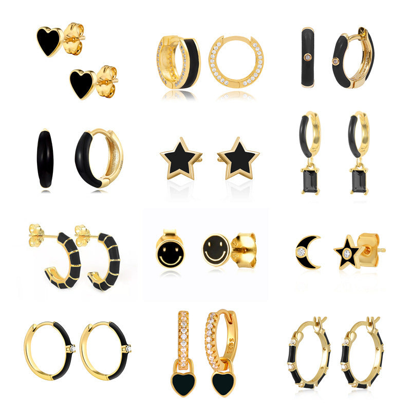 Black Epoxy Enamel Geometry Pattern Retro Easy-to-match Earrings