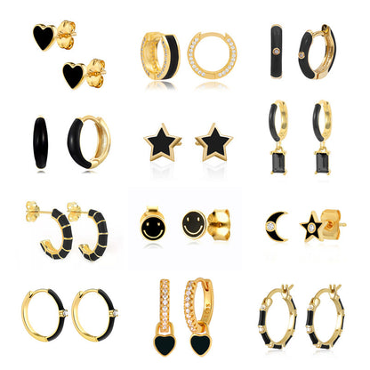 Black Epoxy Enamel Geometry Pattern Retro Easy-to-match Earrings