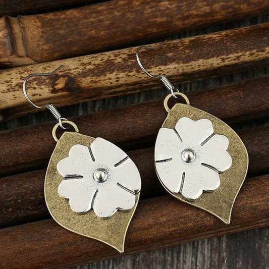 Retro Style Leaves Stitching Flowers Metal Alloy Earrings