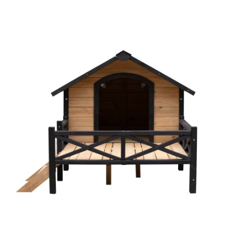 Caseta de madera grande para perro estilo cabaña de exterior con porche