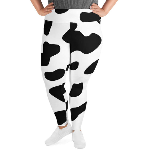 Womens Plus Size Fitness Leggings - Black White Cow Print-0